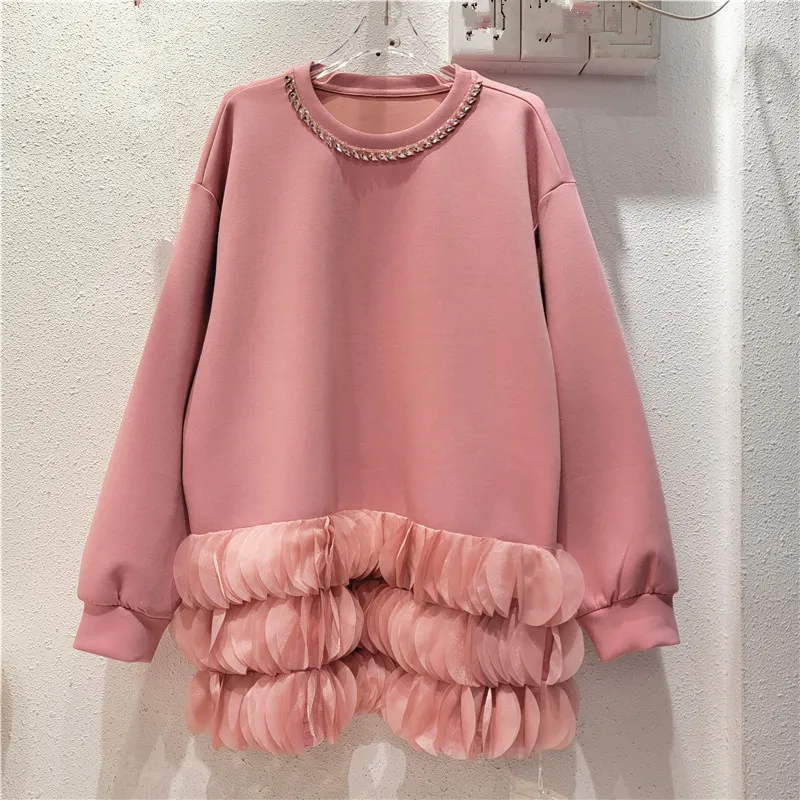 

Spring Women Gold Chain O-Neck 3D Mesh Petals Edge Splicing Pullovers T-Shirts Sweaters Jumpers Long Sleeved Sweatshirts Tops