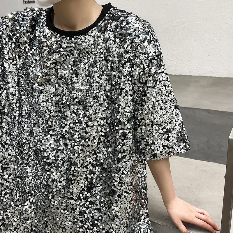 Men Women Sequin T-shirt Stage Fashion Show Hip Hop Loose Casual Short Sleeve Tee Shirts Dance Clothing Couple TshirtsYY204