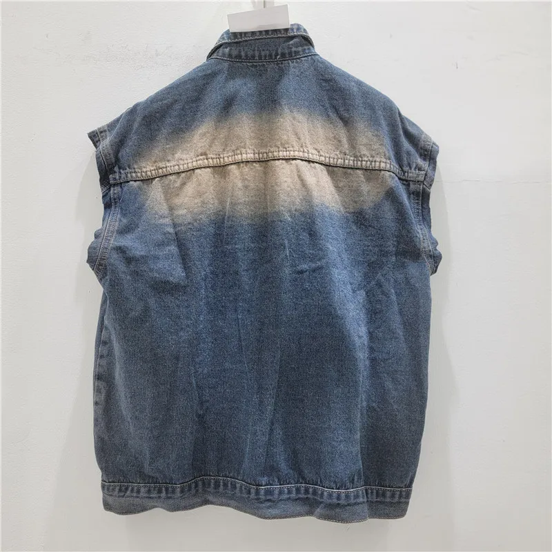 High Street Broken Hole Metal Decoration Denim Vest Women's Summer Sleeveless Camisole Trendy Fringed Lapel Jacket