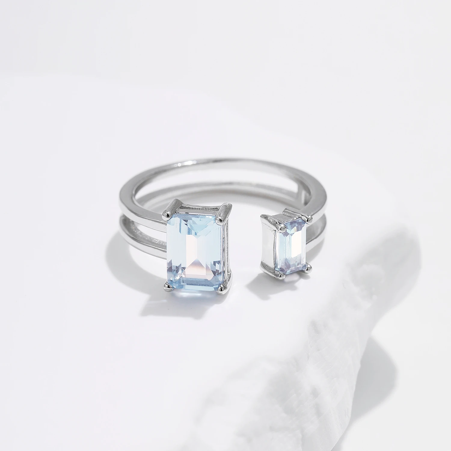 MODIAN 925 Sterling Silver Rectangle Emerald Cut Light Blue CZ Ring Delicate Adjustable Finger Ring For Women Girl Party Jewelry - view 5