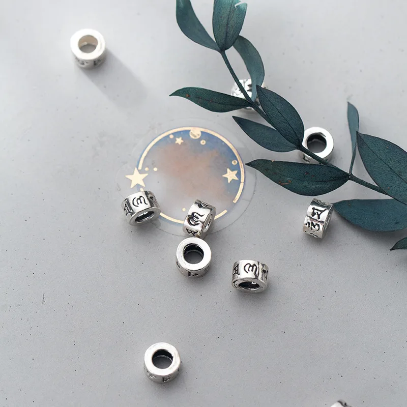 1pc 925 Sterling Silver Barrel Buddhism Charm Beads Buddha Mantras Carved Silver Spacer Beads DIY Women Men Jewelry Accessories