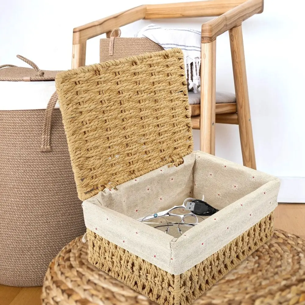 

Hand Woven Wicker Storage Baskets Bohemia Hollow Out Decorative Bins Rectangular Portable Woven Basket Kitchen Supplies