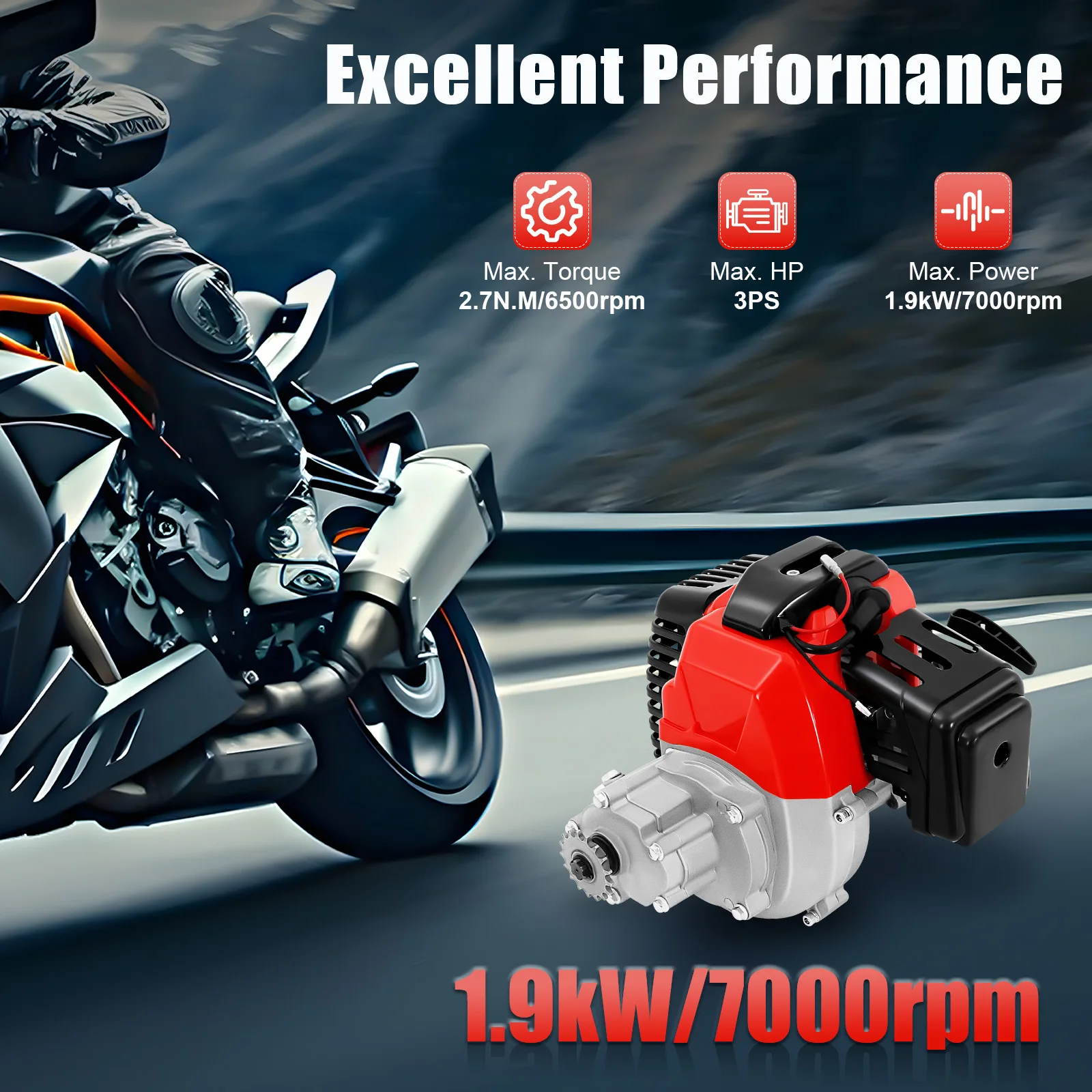 49cc 2-Takt-Motor Shortblock-Baugruppe-Pull-Startmotor für Roller/Dirt Bike, luftgekühlt mit Fliehkraftkupplung (AC-YCZYQ-1493)