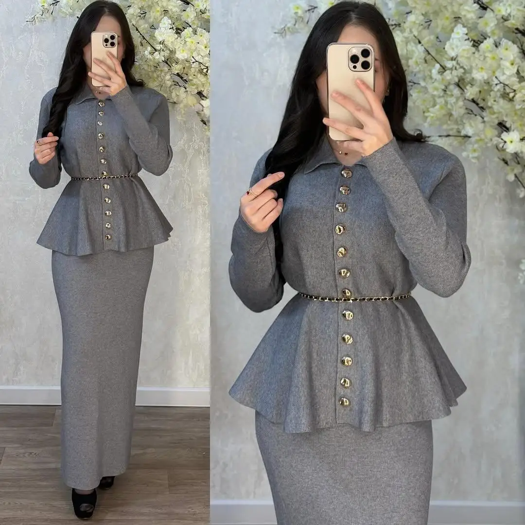 Women Two Piece Sets Skirt Set Y2k Streetwear Elegant Work Turn Down Collar Full Sleeve Tops Hip Wrap Mermaid Skirts Belt Spring image 5