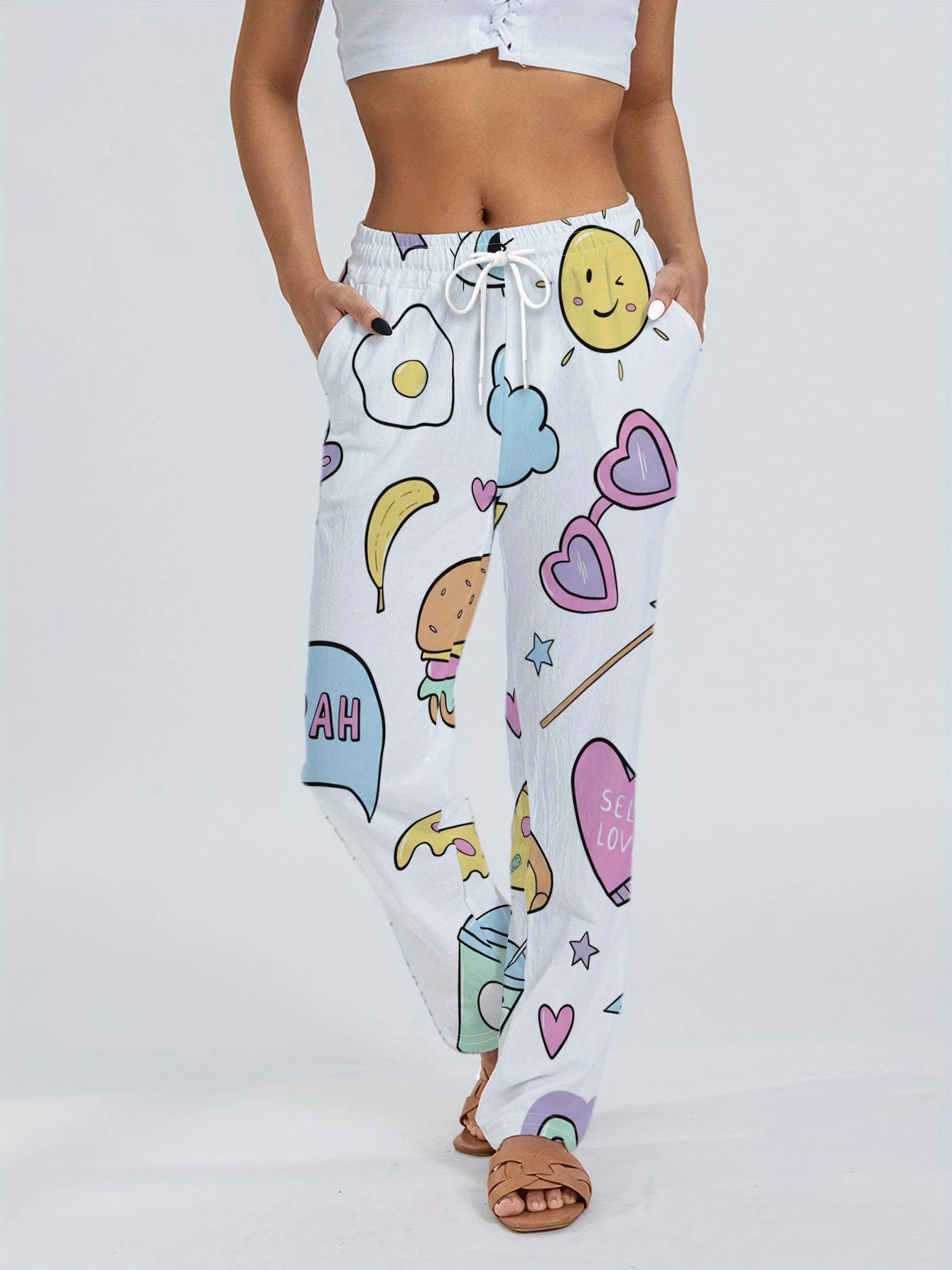 Summer Fun Cartoon Burger Sun Love Wide Leg Pants with Drawstring, Elastic Waist, Loose and Comfortable Outing Pants for Women