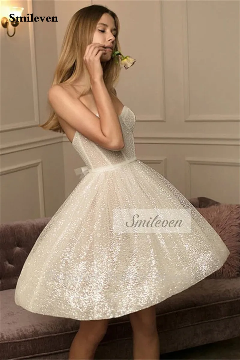 Smileven Shiny Glitter Short Wedding Dress Strapless A Line Sweetheart Bride Dresses Mini Vestido de novia 2024