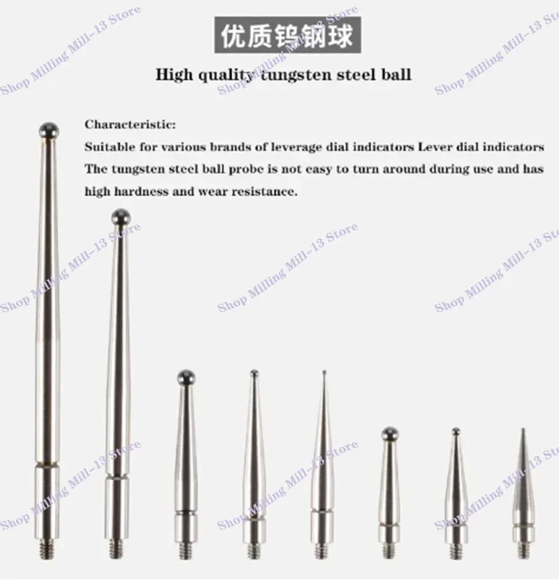 Herramienta de sonda de indicador de prueba de Dial de palanca de punta de micrómetro, cabezal OD de 2mm, 15mm/44,5mm de longitud, calibre de Pin de cabeza rubí, M1.4, M1.6, M1.8, m2