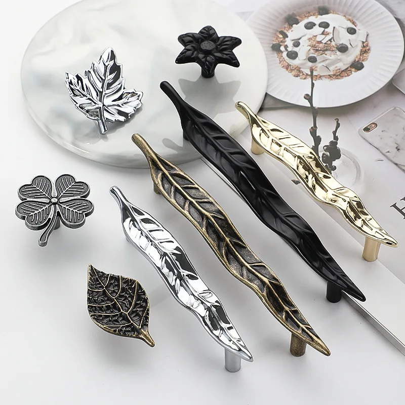 Simple Cabinet Pulls Handle Leaves Branches Flowers Gold Wardrobe Door Drawer Leaf Handle Furniture Hardware