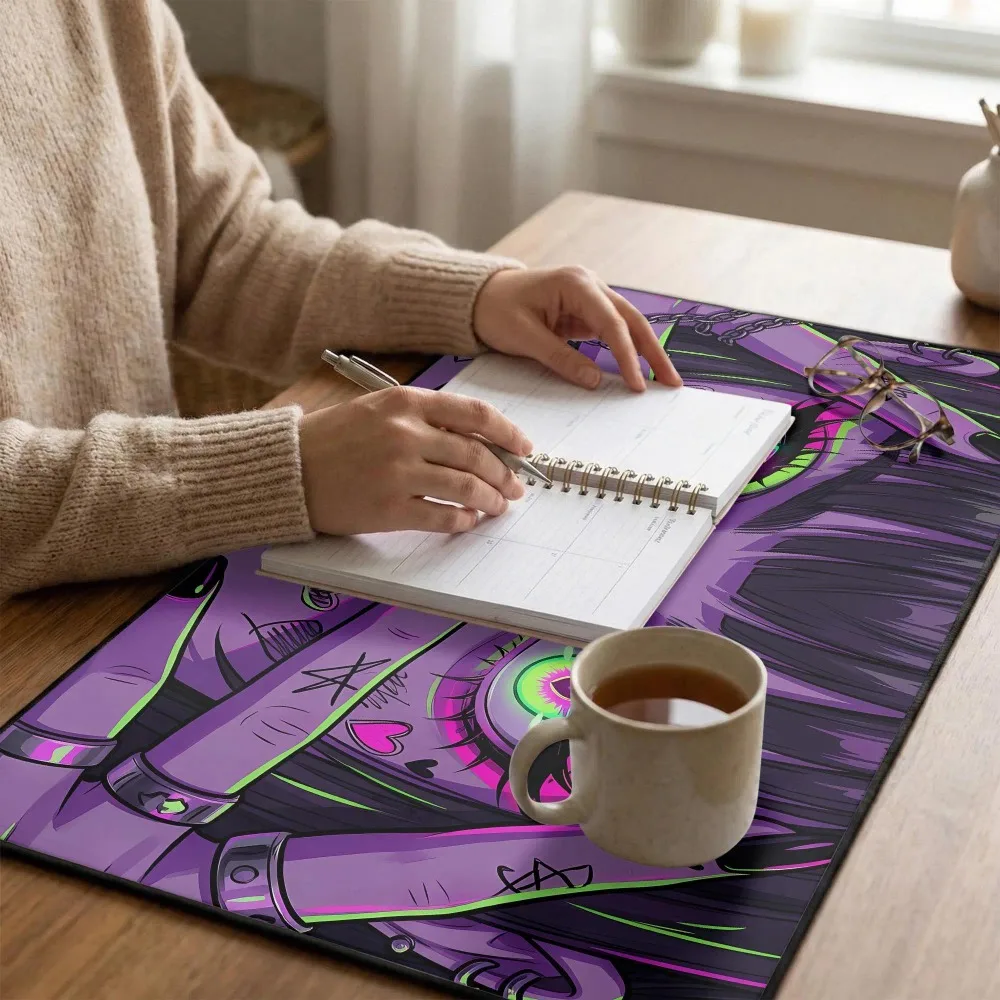 Neon Cyberpunk Girl Desk Mat E-Girl Aesthetic Large Mouse Pad Alt Gamer Setup Glowing Eyes Unique Office Decor Gift