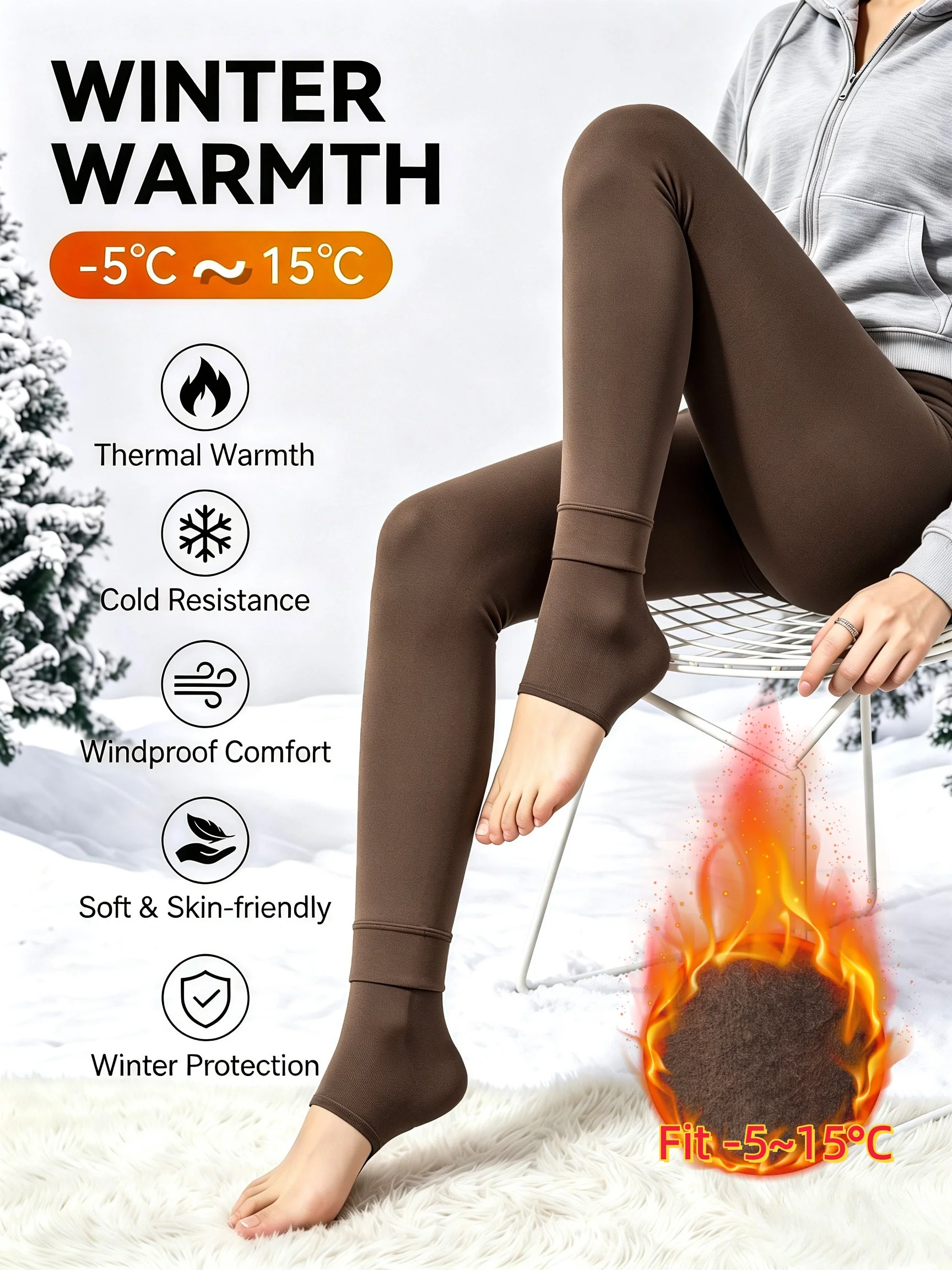 1er-Pack Kaffeebraune, mit Perlfleece gefütterte Stirrup-Thermo-Leggings, weich, dehnbar, kältebeständig, warme Hosen für Winterausflüge – Detail 4