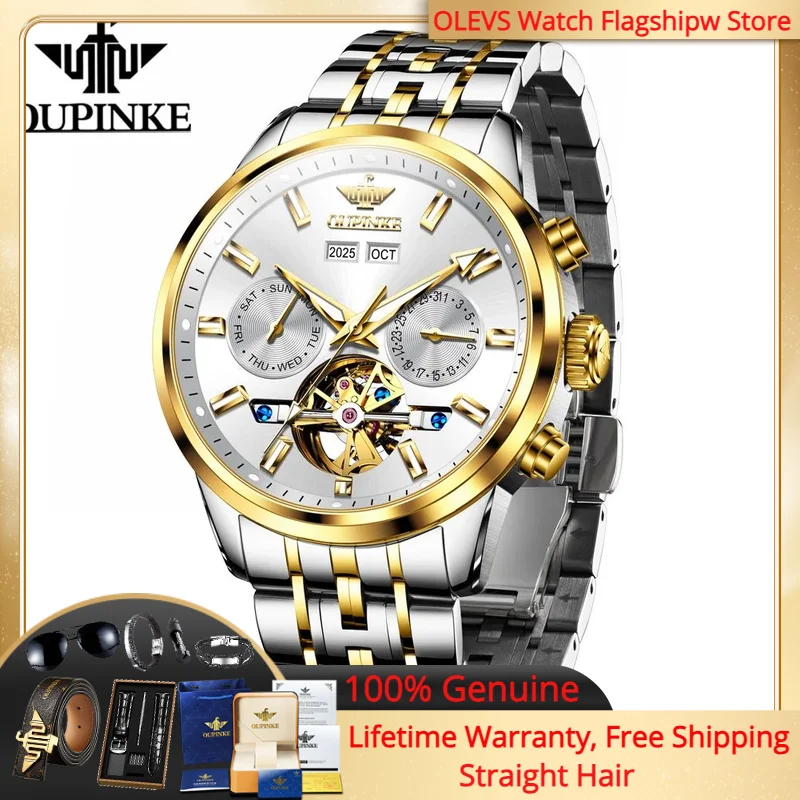 

OUPINKE 3296 Luxury Brand Men Watch Tourbillon Hollow Automatic Mechanical Watch Fashion Simple Calendar Men Dress Watch Reloj