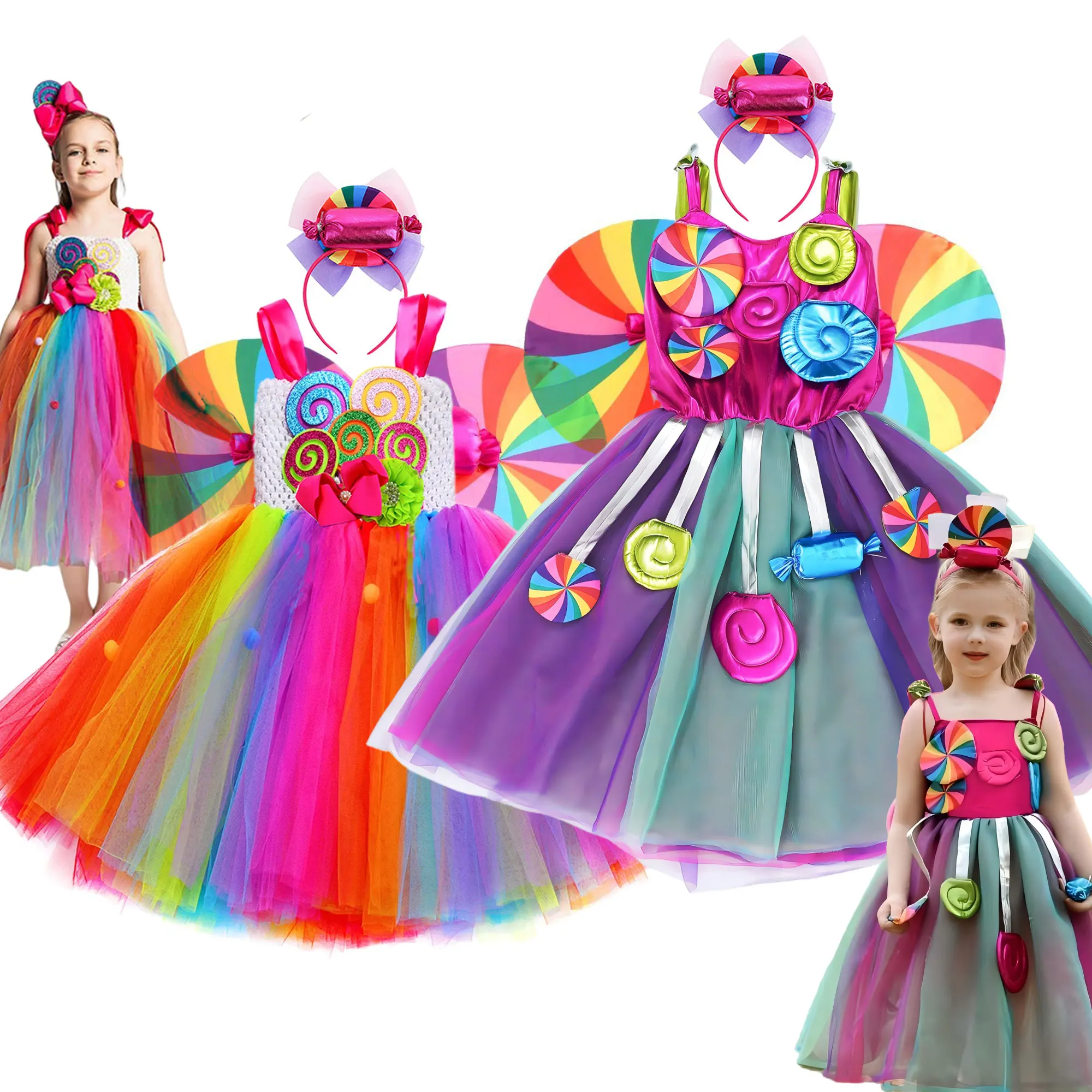 Adorável pirulito cosplay roupas elegante purim doce fada tutu vestido para menina 2026 carnaval arco-íris vestido doce açúcar costumista