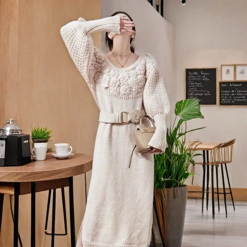 

Heavy Industry Dress Retro High-end Three-dimensional Crochet Medium and Long Off-the-shoulder Sweater Skirt