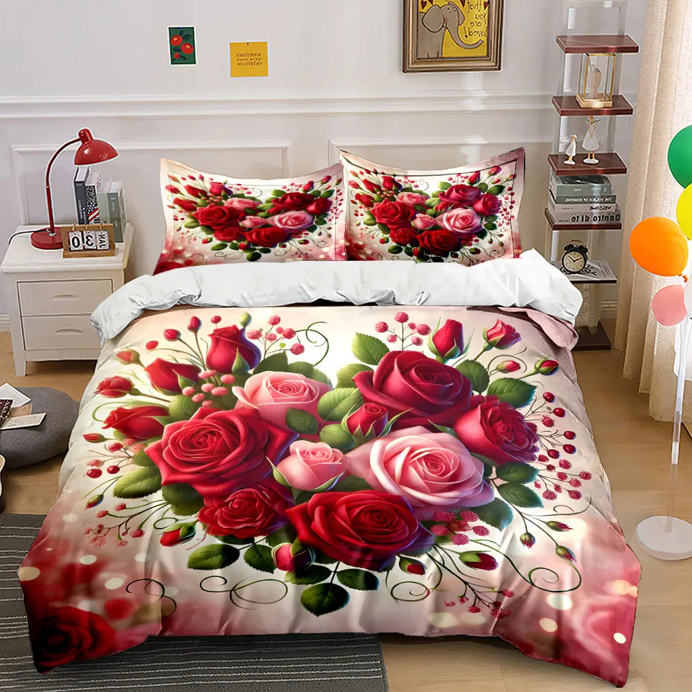 Heart-shaped rose bouquet in red and pink Print Bedding Set 1 Duvet Cover 2 Pillowcases for Adult Children Luxury Gift Full Size