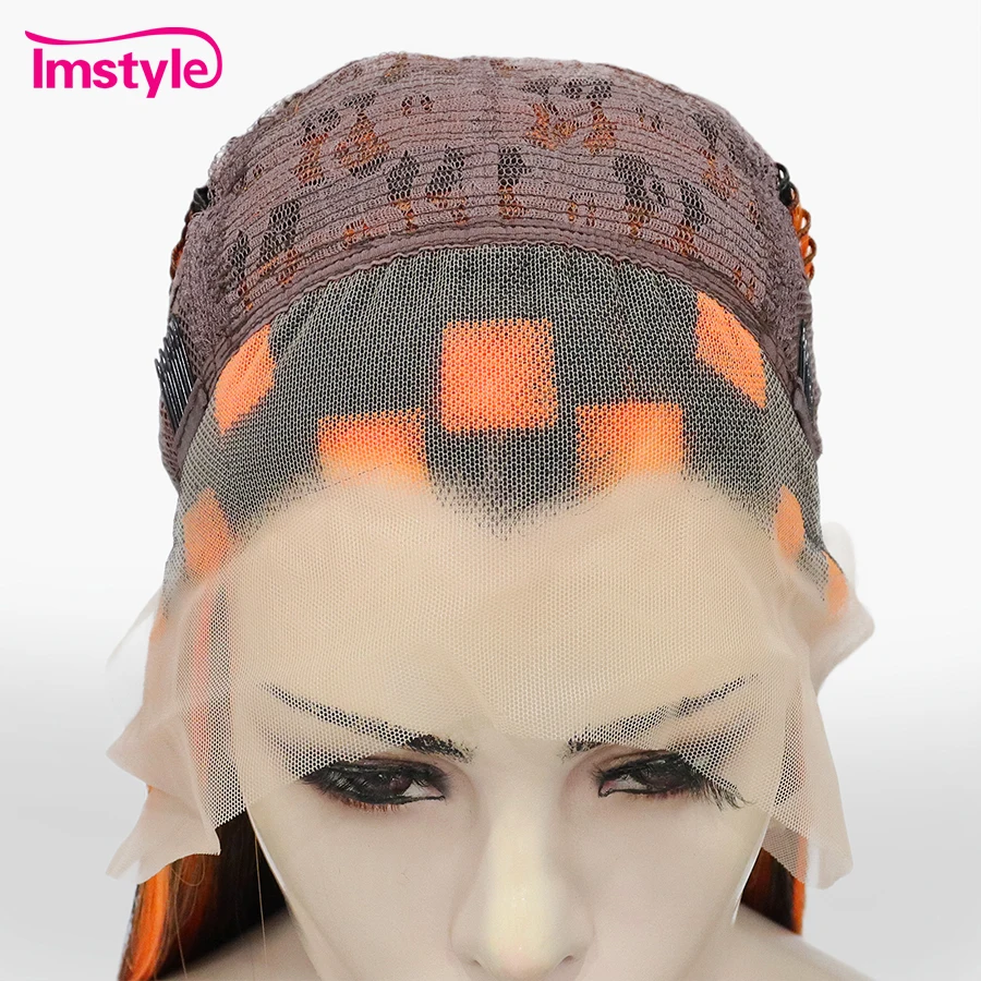 Imstyle 44'' Super Long Wig Synthetic Lace Front Wig Orange Highlight Black Wigs For Women Heat Resistant Fiber Cosplay Wig