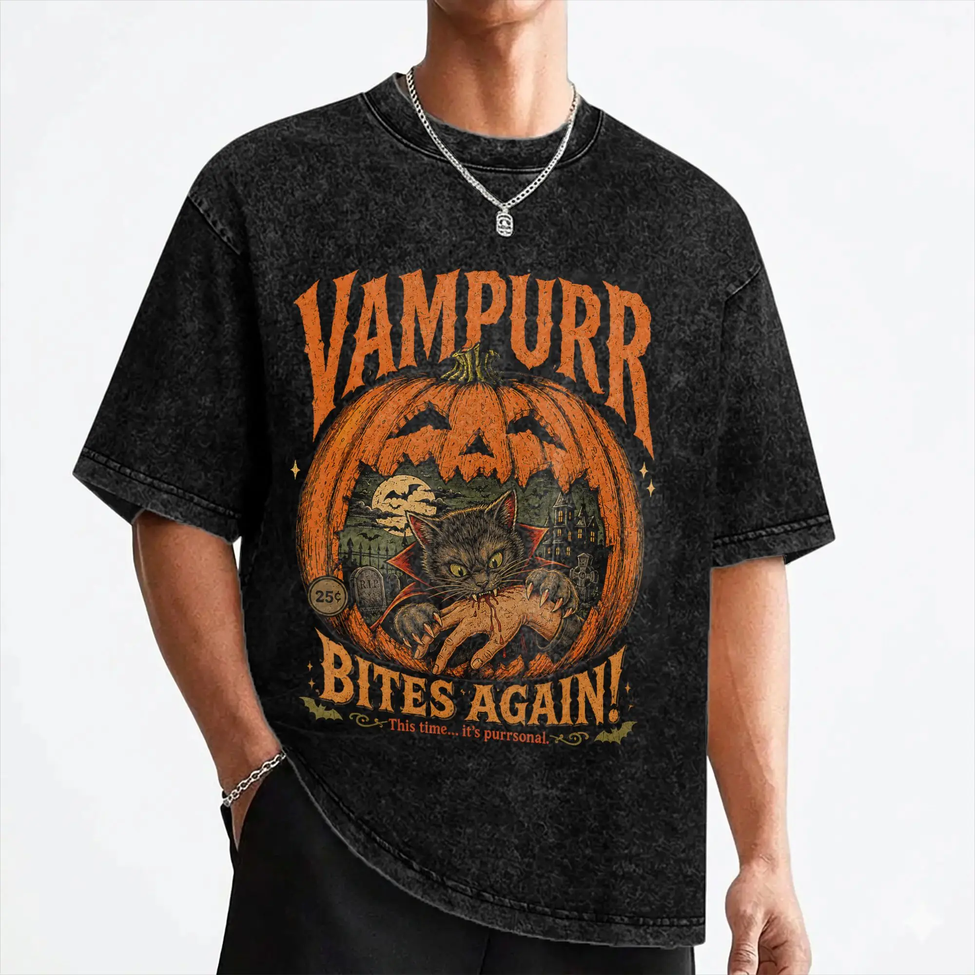 Pumkin Vampurr Bites Again Halloween Vampire Cat Washed T Shirts Streetwear T-Shirt  Tees for Men Women Short Sleeve