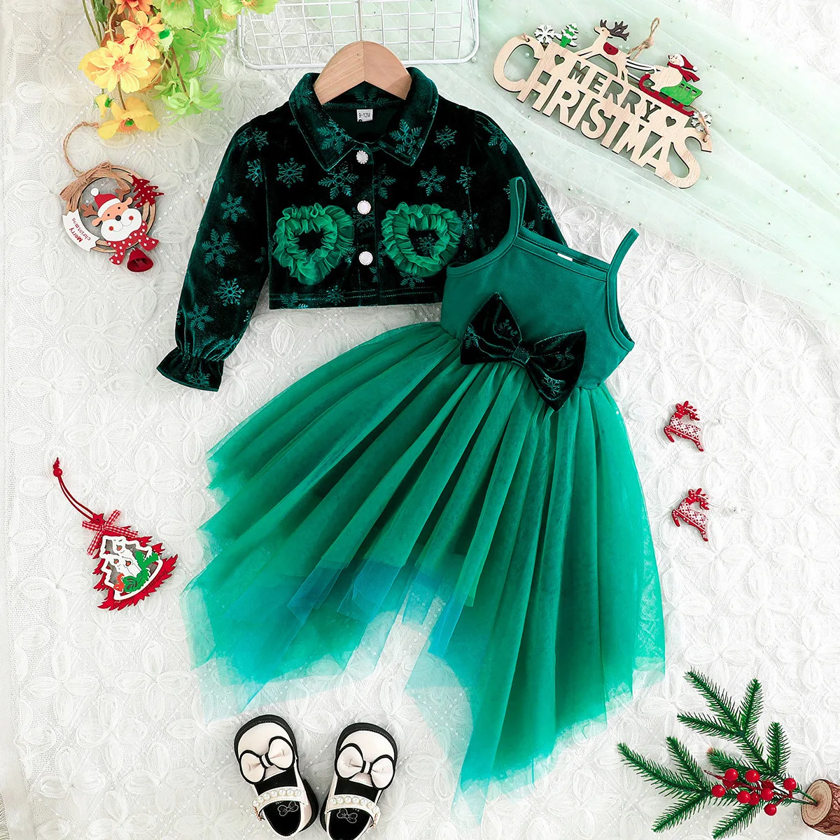 Girls Xmas Red Velvet Jacket Tulle Slip Dress 2Pcs Set Kids Christmas Winter Party Outfit New Year Gathering Green Costume ZYD47