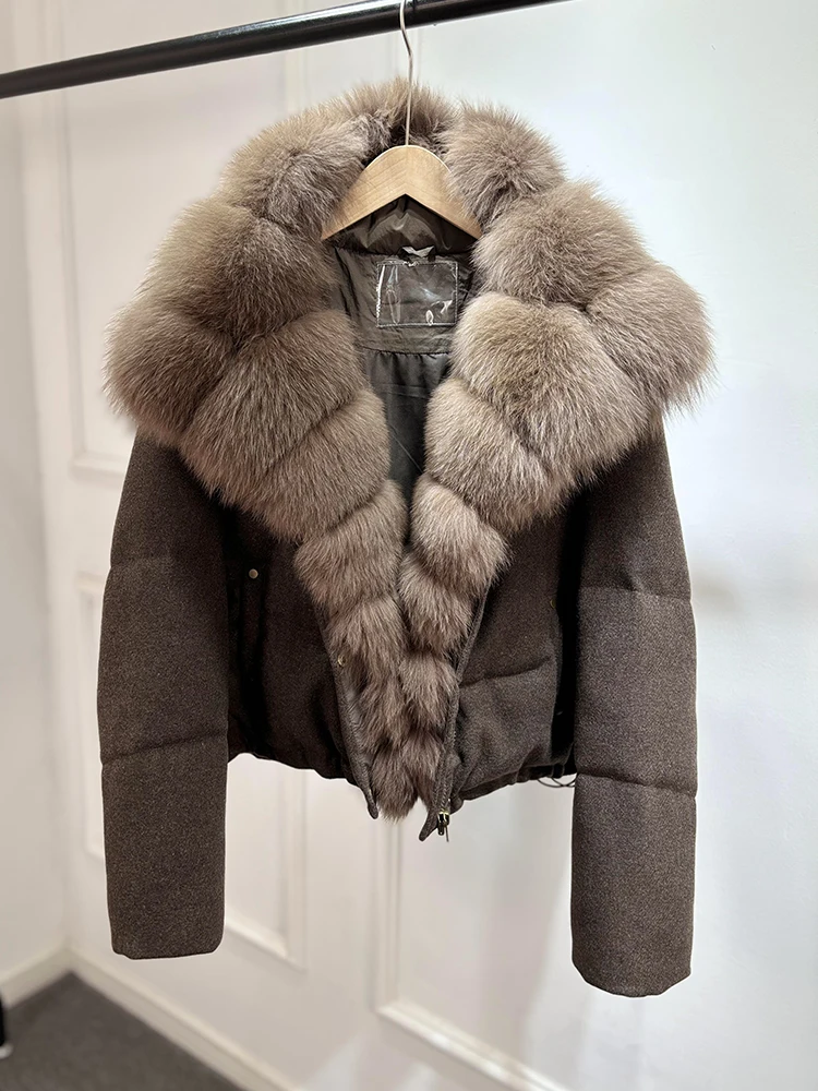 Janveny Luxury Winter 90% White Duck Down Wool Blends Jacket Women 2025 New Real Natural Fox Fur Thick Warm Puffer Down Coat