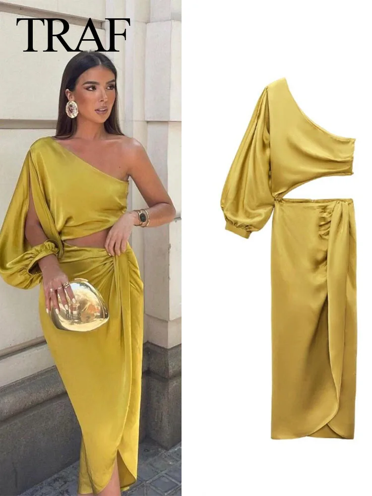 TRAF Woman Summer Sexy Asymmetric Satin Solid Yellow Long Dress Women Ruched Off Shoulder Eleganckie sukienki na wieczorne przyjęcie