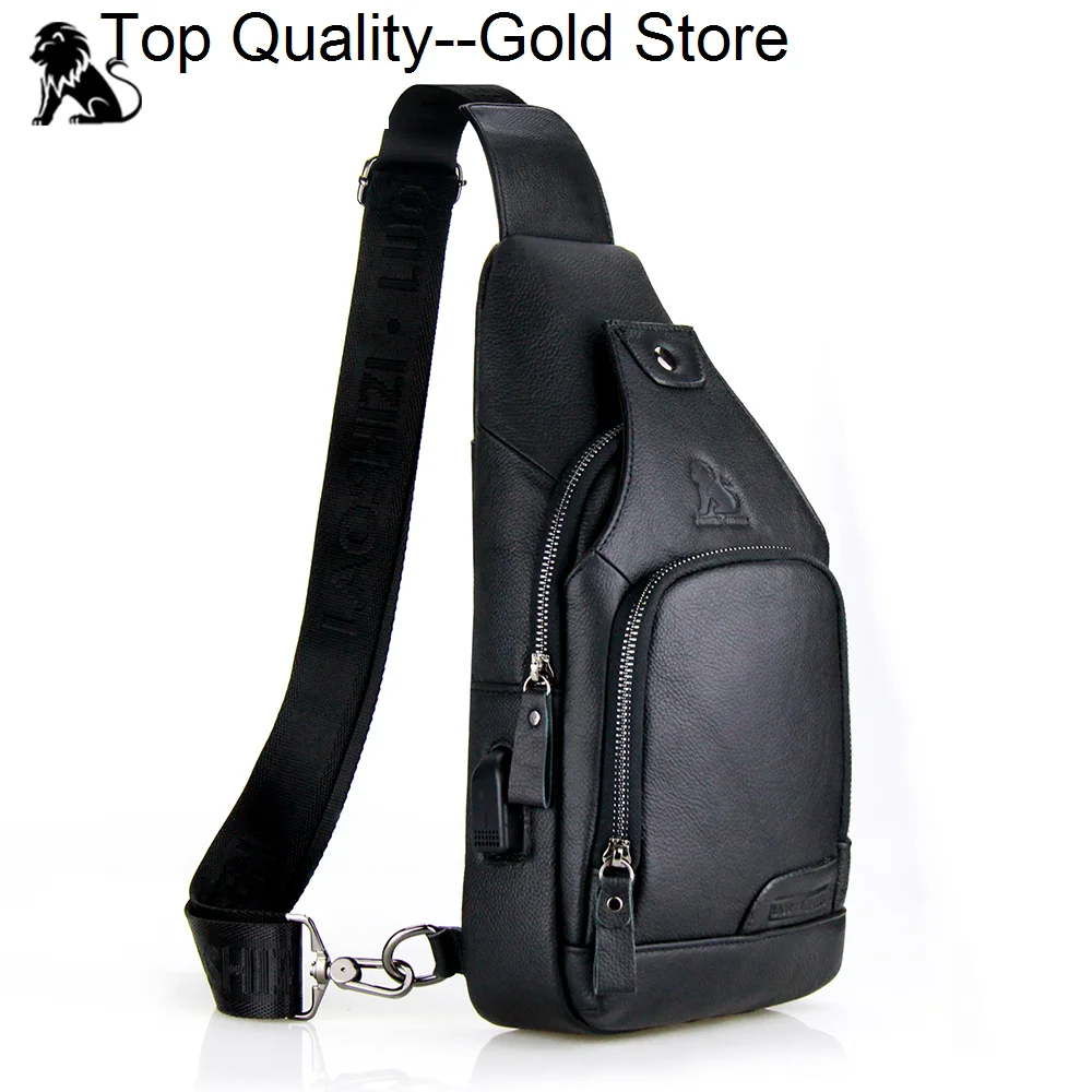 

chest bag for men genuine leather messenger s casual male brand designer Multi-function headphone shoulder