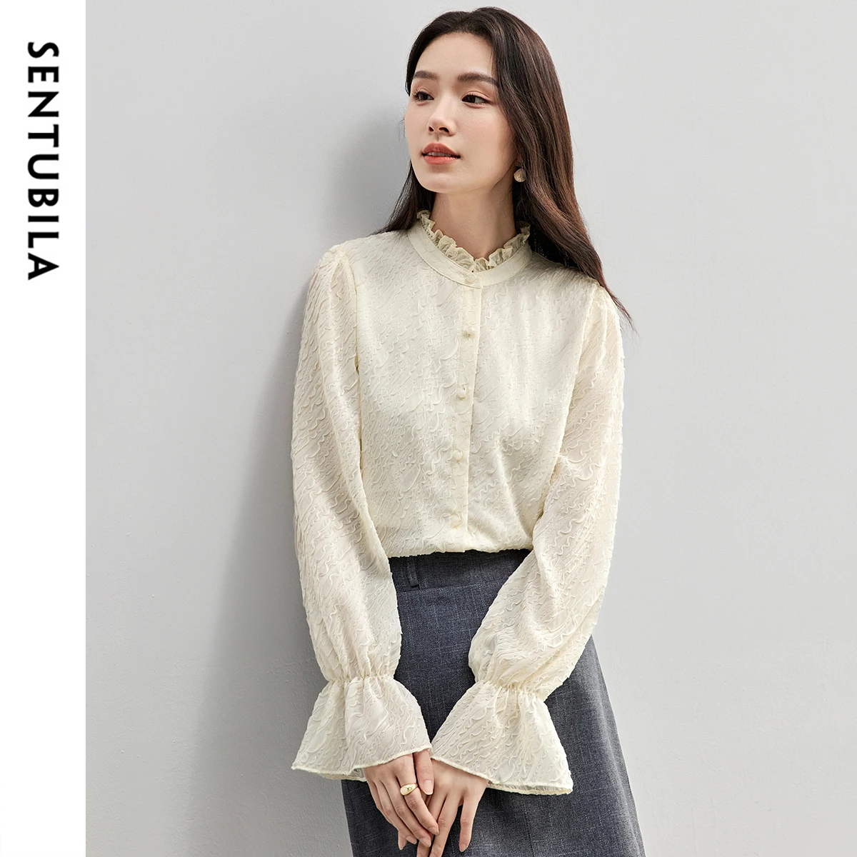 SENTUBILA Jacquard Ruffles Shirts for Women 2025 Spring Vintage Elegant Stand Neck Flare Sleeve Chiffon Blouses 151C58162