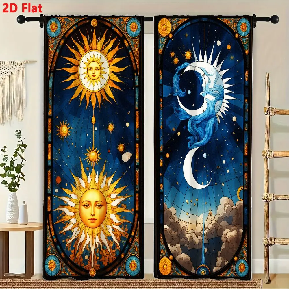 2Pcs Curtains 2D Flat Vertical Stained Glass Panels Sun And Moon Celestial Mythology Cathedral Window Art Window Drapes for Bedr 3