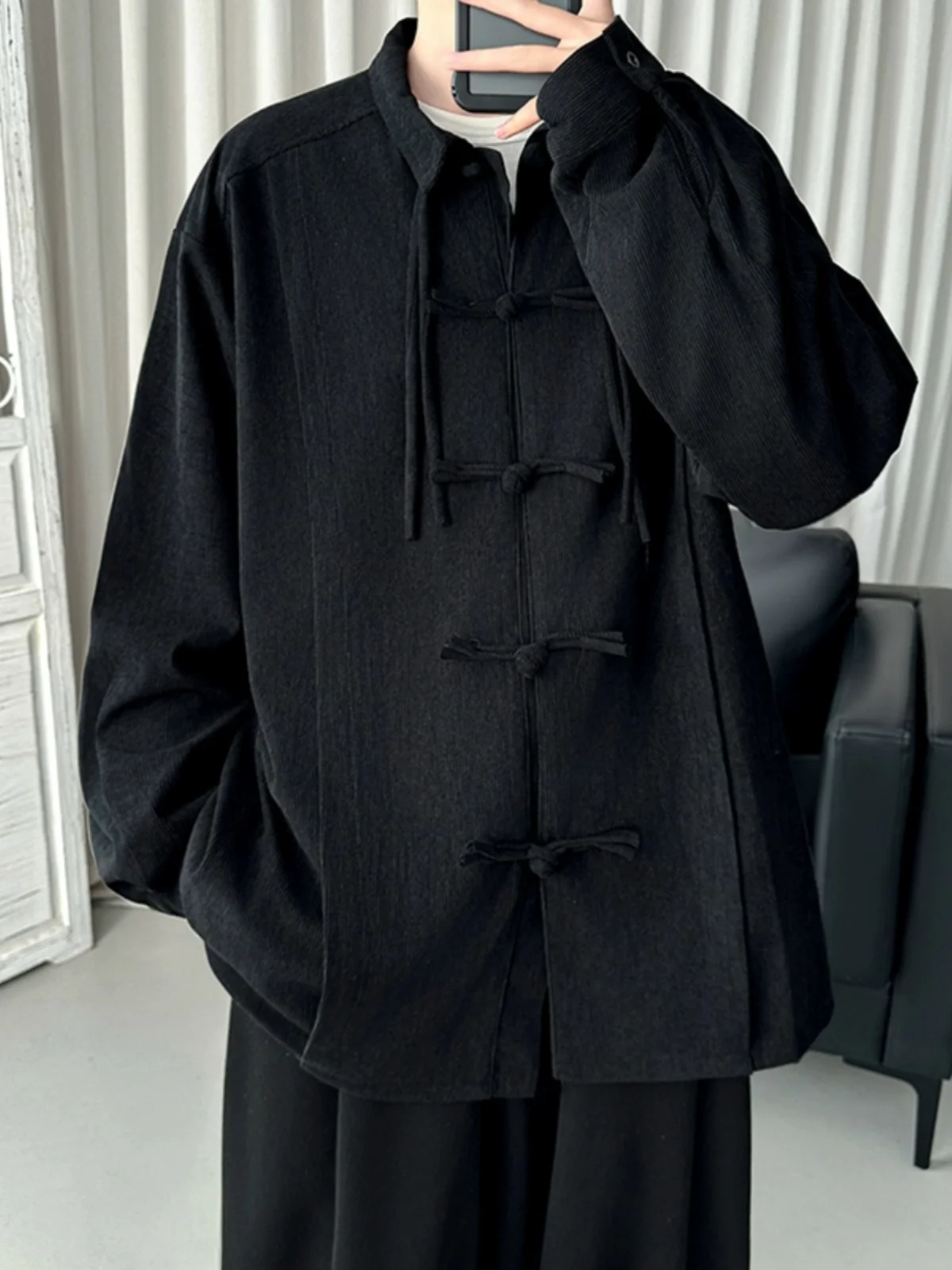 

Loose Men's Long Sve irt Wind Disk Button Spring Autumn Trendy Hanfu Tang Costume High End Feeling Casual Outerwear