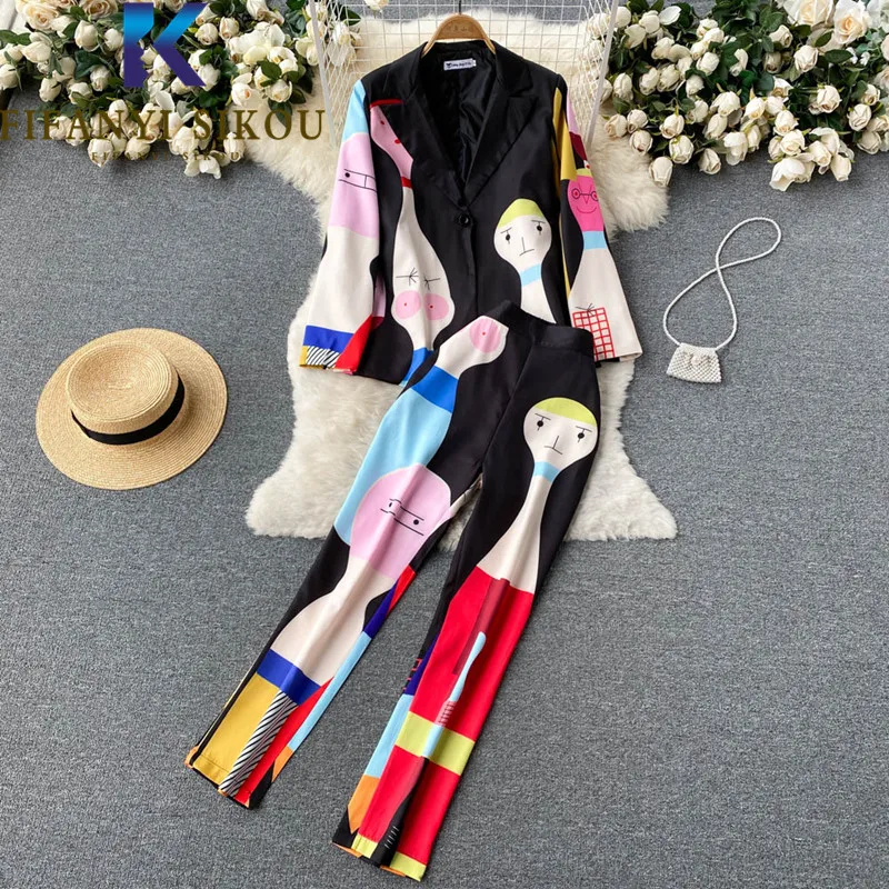 

High Street Fashion Print Two Piece Set Women Lapel Black Suit Jacket High Waist Straight Pants 2 Piece Set Female Casual Suits