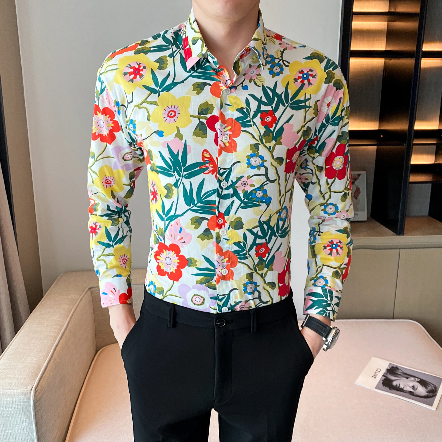 Stylish Colorful Flowers Shirts For Men High Quality Single-breasted Long Sleeve Cotton Shirt Blouses Streetwear Plus Size 5XL-M