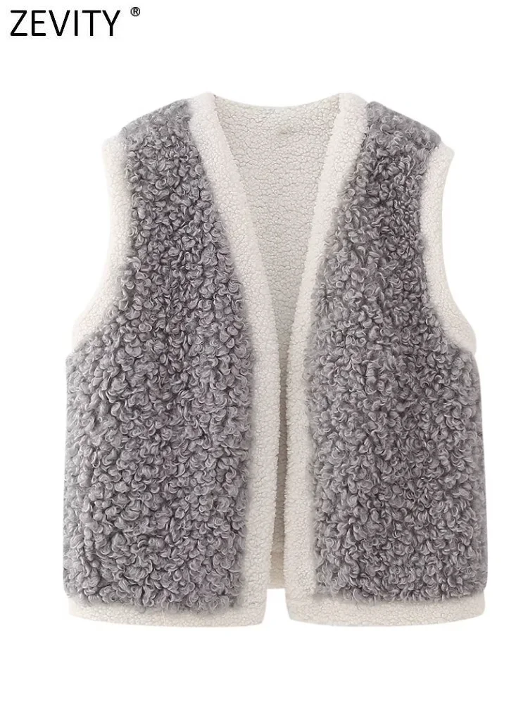 Zevity New Women Fashion Contrasting Color Lamb Fur Vest Jacket Female Sleeveless Open Stitching Winter WaistCoat Tops CT6318