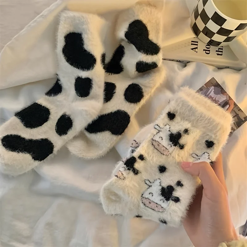 2/1 Pairs Cute Cow Spots Print Socks, Thickened & Warm Coral Fleece Socks, Women's Stockings & Hosiery