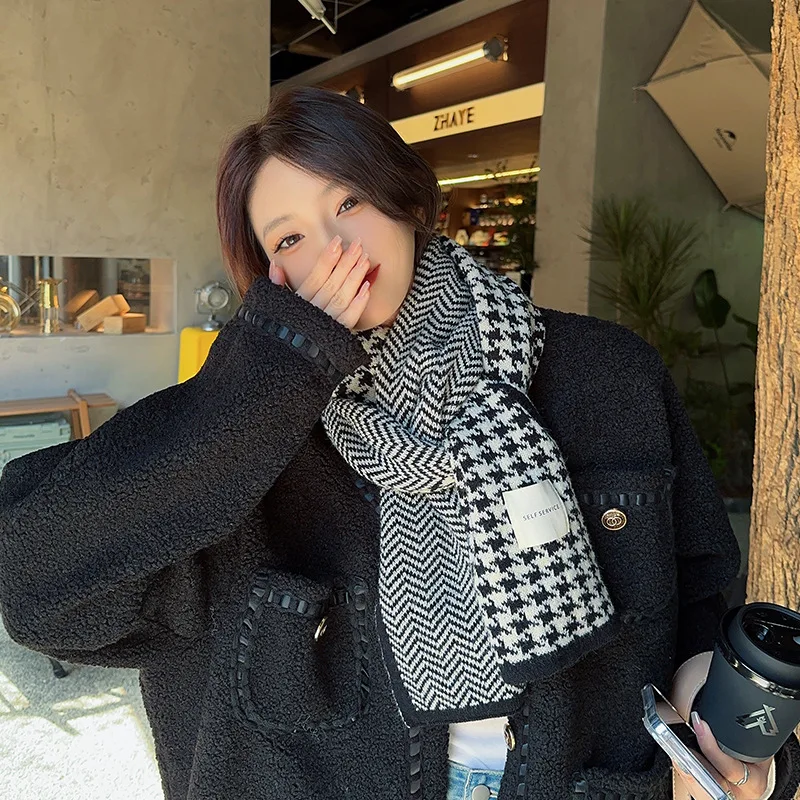 

Женский зимний шарф с узором «гусиные лапки», имитация кашемира,2025, новый универсальный корейский стиль, студенческая пара, вязаный теплый теплый шарф для шеи