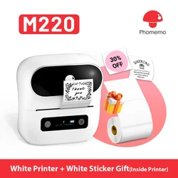 Phomemo M220 Label Printer Portable Handheld Thermal Maker Bluetooth Barcode QR Code Sticker Paper Rolls Labeller White 75mm Tag