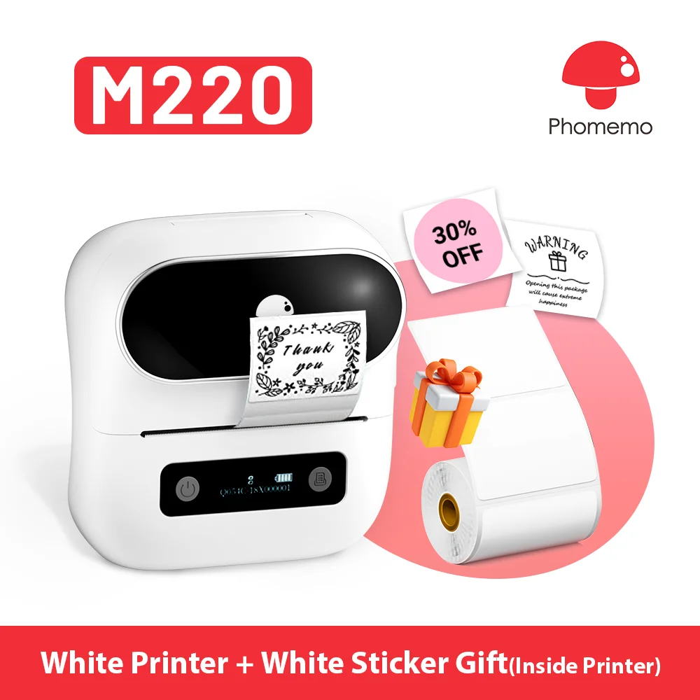 Phomemo M220 Label Printer Portable Handheld Thermal Maker Bluetooth Barcode QR Code Sticker Paper Rolls Labeller White 75mm Tag