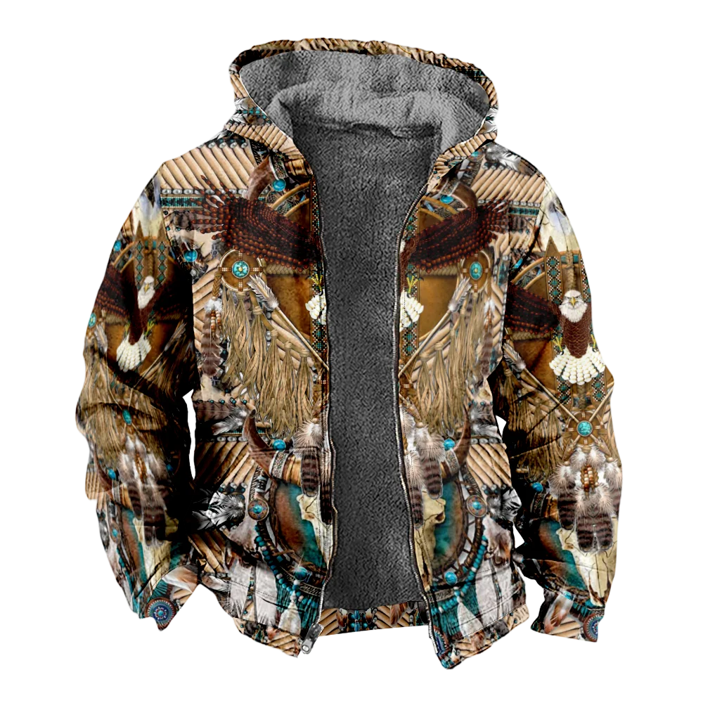 Men's Winter Jackets Coats,vintage bohemian Pattern Cotton Clothes Overcoat Hooded-collar Beach Shopping