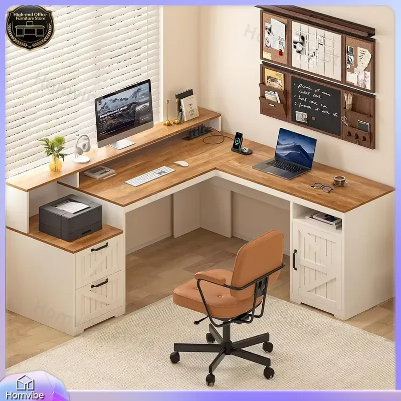 L Shaped Computer Desk 63 Inch Farmhouse Executive Desk with Drawers Storage Shelf Power Outlets Corner Office Desk Home
