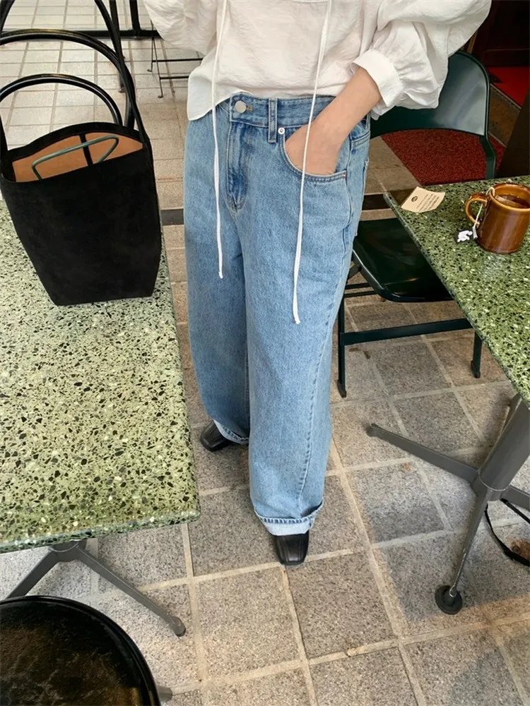 

High Waist Wide Leg Blue Jeans Korean Style Autumn New Women's Trousers Cotton Casual Loose Fit Zipper Pocket Daily Wear