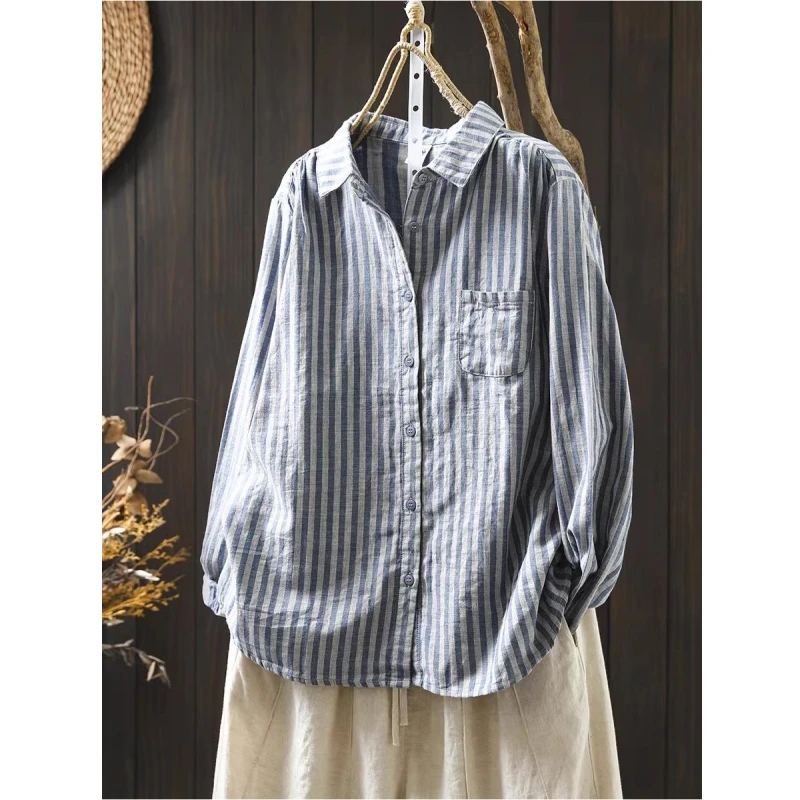 قميص قطني فضفاض بأكمام طويلة للنساء، نمط كاجوال، خطوط عمودية، طبقة مزدوجة، قميص ربيعي جديد فني غير رسمي