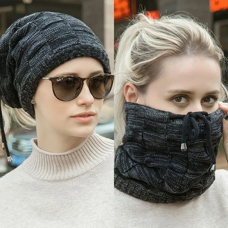 Autumn Winter Warm Knit Hat Bobble Hats Men Women Bandana Baotou Drawstring Cap Scarf Thick Warm Soft Beanie Skullies Head Neck