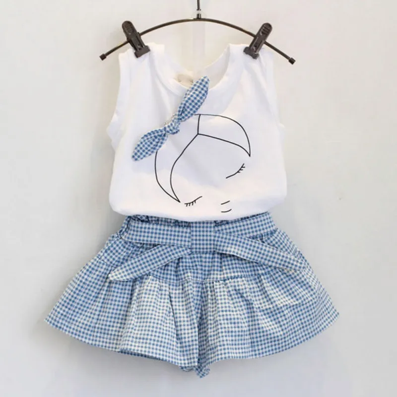 Summer 2-9T Girls White Sleeveless T-Shirt+Blue Checkered Skirt Shorts