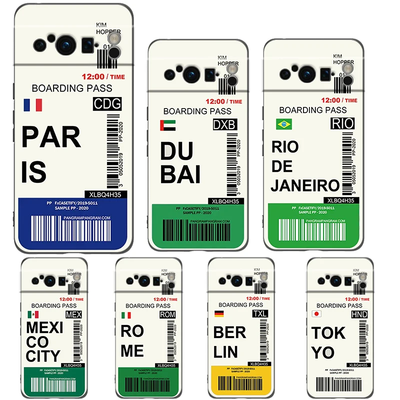 세계 도시 여행 티켓 뉴욕 런던 라벨 전화 케이스 Google Pixel 8 7 6 Pro 8A 6A 7A 5G 소프트 실리콘 TPU 블랙 커버