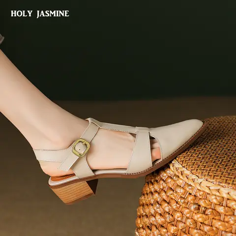 2025 ใหม่ผู้หญิงรองเท้าแตะชี้ Toe รองเท้าส้นสูงของแท้หนังปั๊มฤดูใบไม้ผลิฤดูร้อนแฟชั่นกระชับรองเท้าหนังผู้หญิง