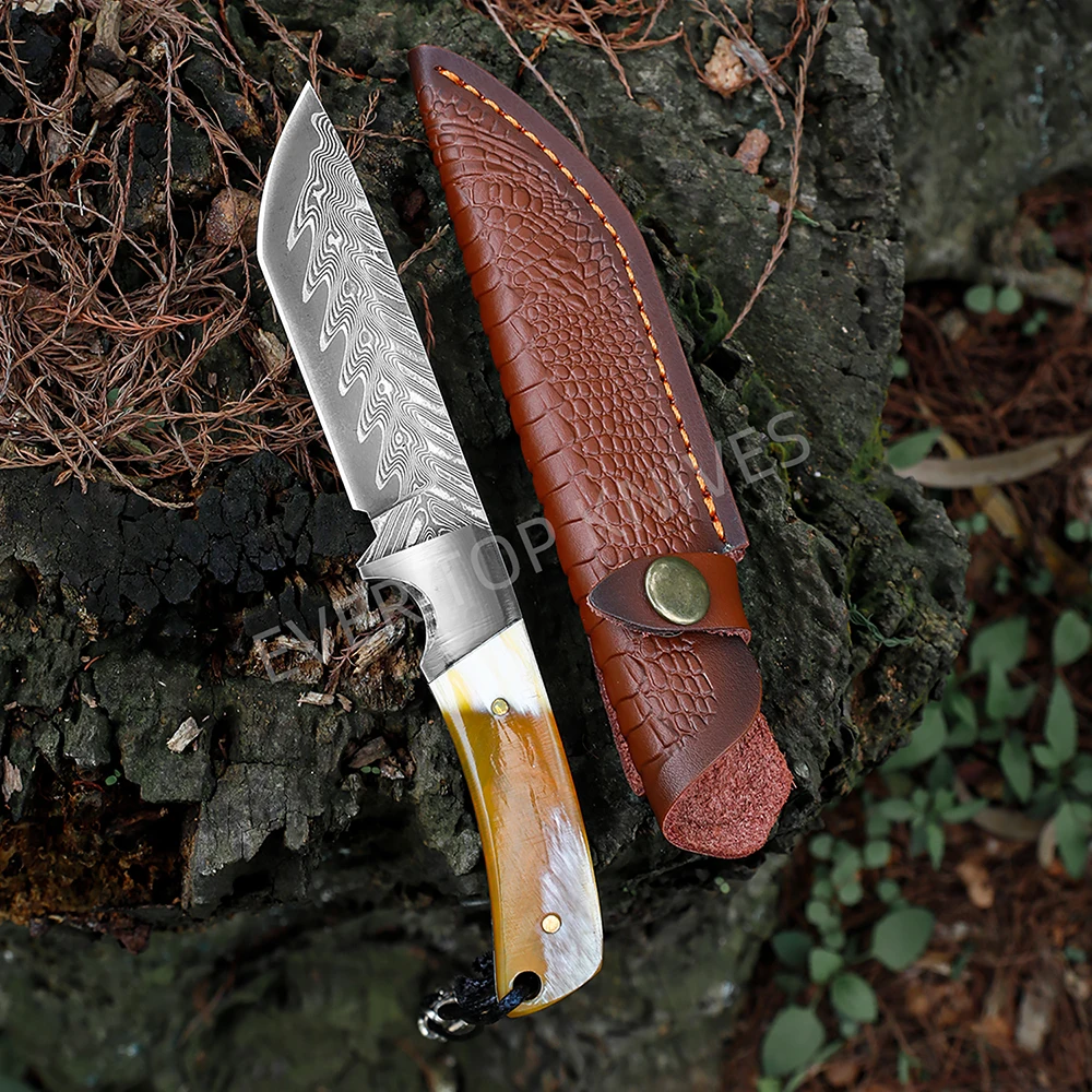 Fixed Blade Knives Damascus Steel Natural Ox Horn Handle Outdoor Camping Knife Utility Tool Survival Knife Rescue Knife EDC