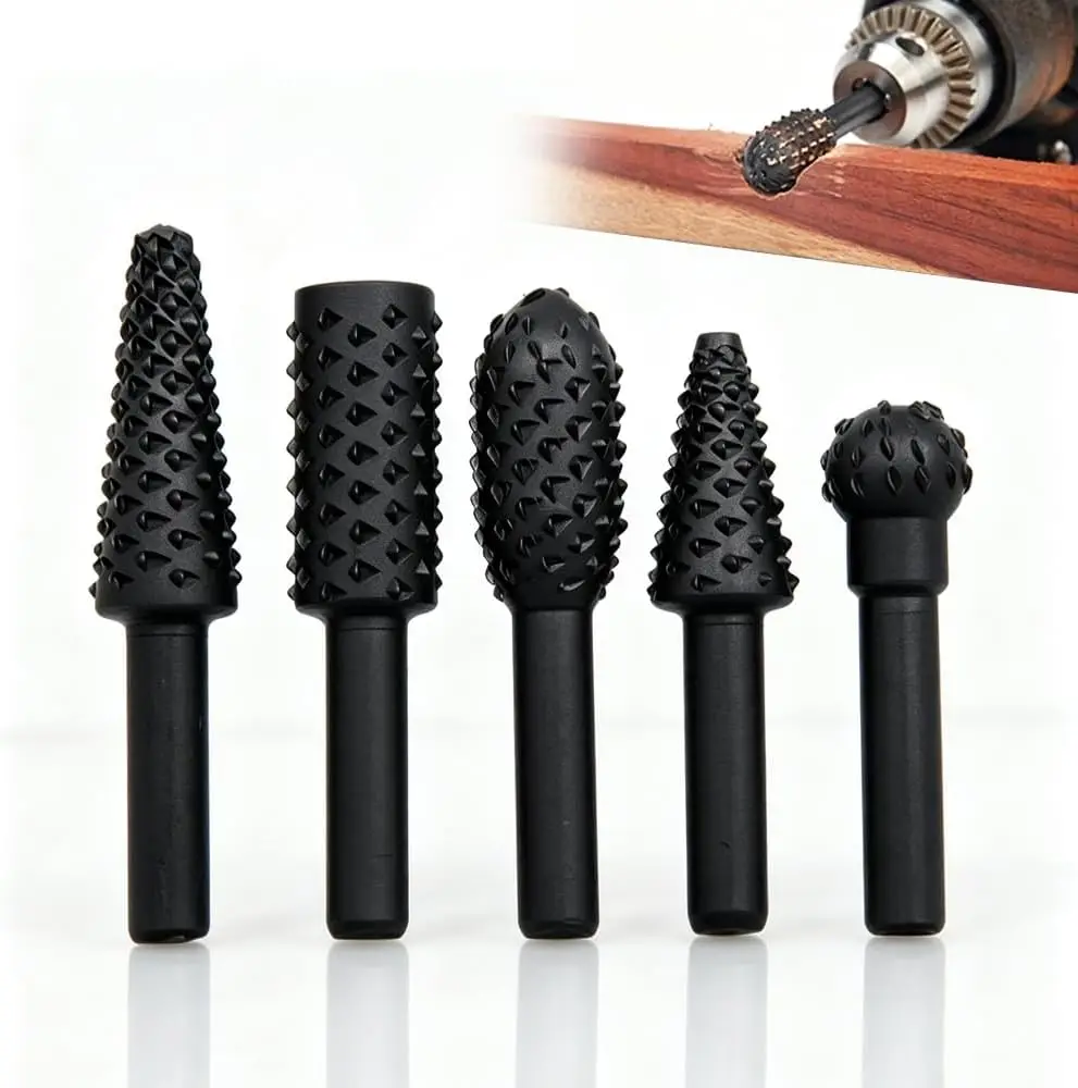 5 Pieces Rotary Burr Set Carving Grinding Rotary File Tools with Specially Shaped Rotating Embossed Grinding Head for Carving