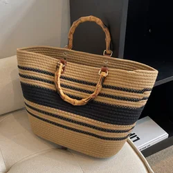 Borsa Tote in paglia di grande capacità alla moda 2024 borsa da spiaggia estiva in legno naturale con manico in paglia di Rattan in legno naturale borsa grande Bali Casual