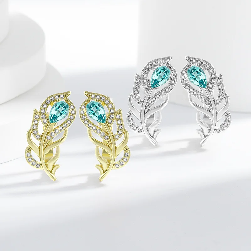 

Серьги-гвоздики из стерлингового серебра 925 пробы в богемном стиле с павлиньим зеленым цирконом и перьями, женское платье, ювелирные изделия