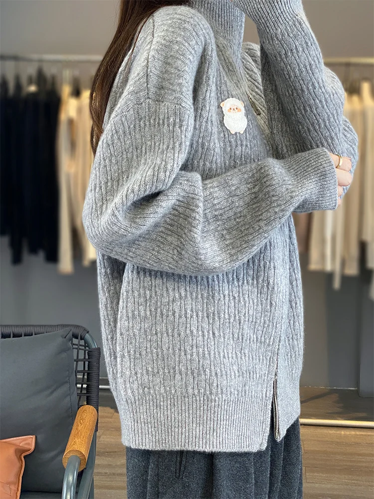 سترة نسائية من صوف ميرينو 100% مع منشفة خروف مطرزة مريحة للخريف والشتاء سترة بياقة ثابتة مع سحاب