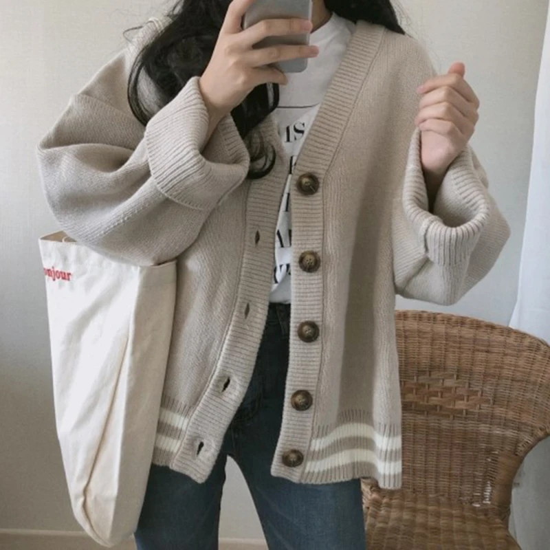 HELIAR Women Autumn Winter Single-breasted Cardigan Knitted Preppy Style Loose Long Sleeve Sweater Coat Office Casual Sweater