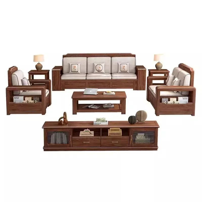 Modern Solid Wood Walnut Sofa Small Living Room Apartment Winter Summer Dual Purpose Storage