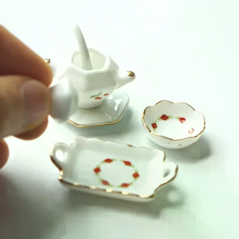 

1/12 Dollhouse Miniature Ceramic Tea Kit Simulation Kettle Plate Model Kitchen Accessories For Doll House Decoration Toys